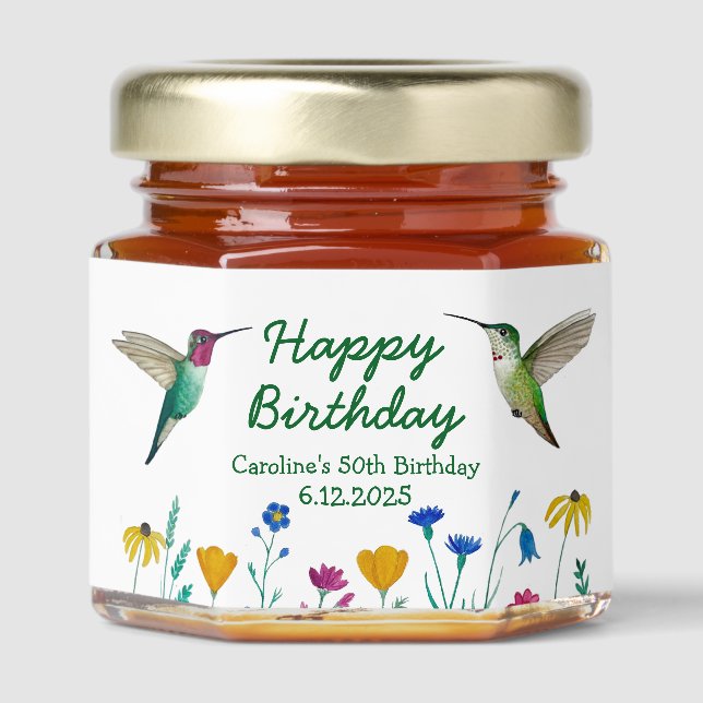 Anna's Hummingbirds and Wildflowers Birthday Honey Jar Favors (Front)