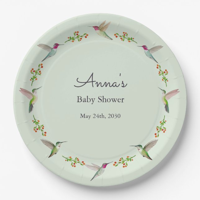 Anna's Hummingbirds baby Shower Paper Plates (Front)