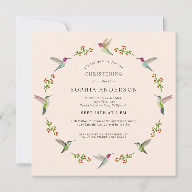 Anna's Hummingbirds Christening Invitation (Front)
