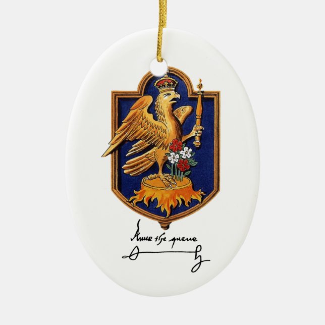 Anne Boleyn Signature & Coat of Arms Ceramic Ornament (Front)