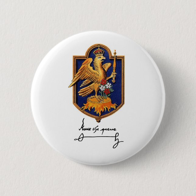Anne Boleyn Signature & Coat of Arms Pinback Button (Front)