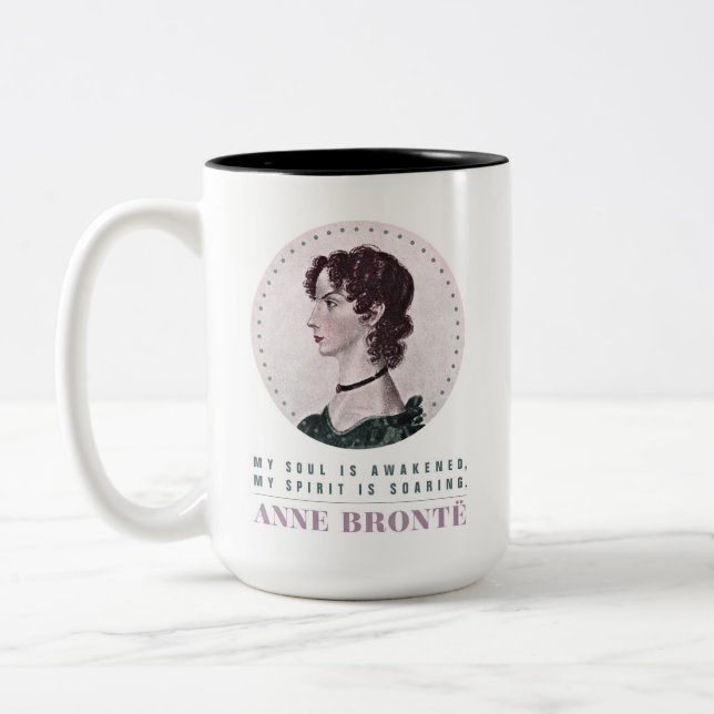 Anne Bronte Portrait and Quote My Soul is Awakened Two-Tone Coffee Mug (Left)