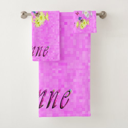 Anne Name Logo With Flowers And Kittens Bath Towel Set