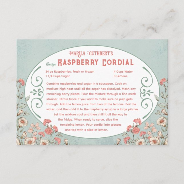 Anne of Green Gables | Raspberry Cordial Recipe Enclosure Card (Front)