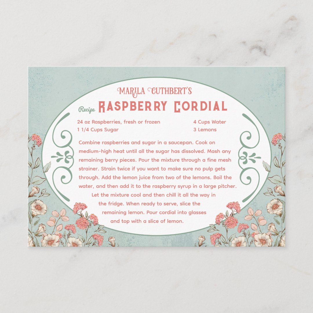 Anne of Green Gables | Raspberry Cordial Recipe Enclosure Card