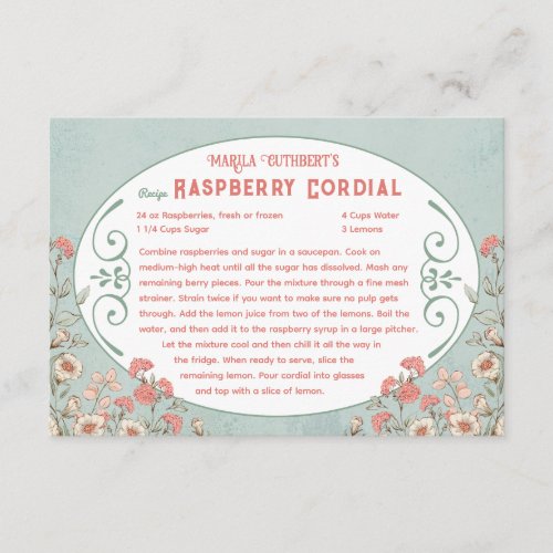 Anne of Green Gables  Raspberry Cordial Recipe Enclosure Card