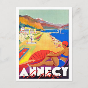 Annecy coastline, girl on a beach,vintage postcard