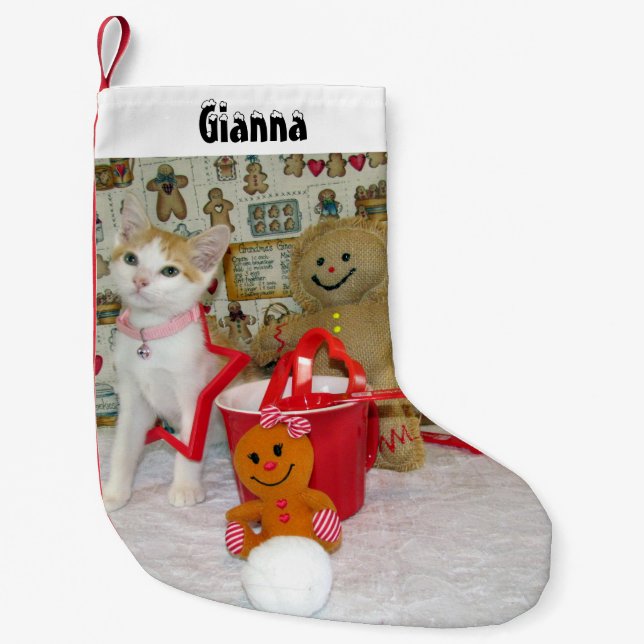 Annie's Cute Cat and Gingerbread Personalized  Small Christmas Stocking (Front)
