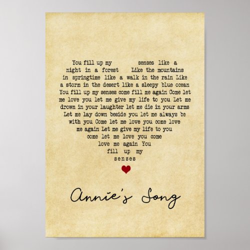 Annies Song Vintage Heart Song Lyric Print