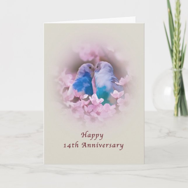 Anniversary, 14th, Loving Parakeets, Pink Flowers Card (Front)