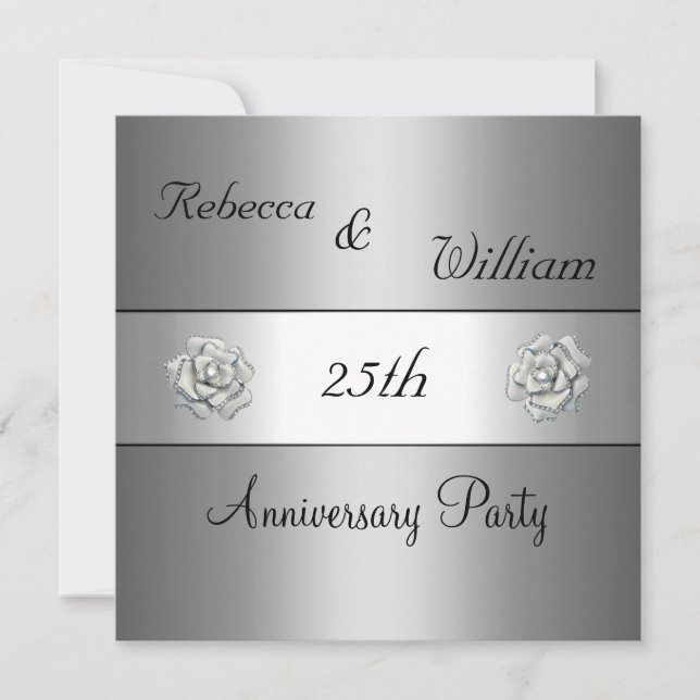 Anniversary 25th Elegant Silver Rose Party Invitation (Front)