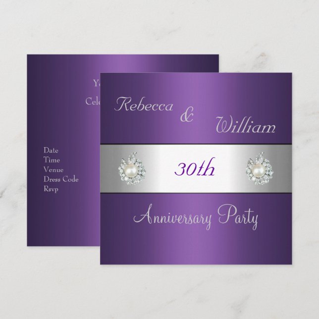 Anniversary 30th Elegant Purple & Pearl Jewel Invitation (Front/Back)