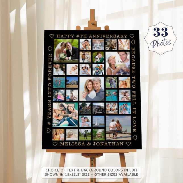 Anniversary 33 Photo Collage Black Gold Custom Foam Board (Creator Uploaded)