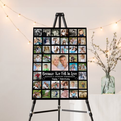 Anniversary 41 Photo Collage Custom Text and Color Foam Board - Easily create a wedding anniversary photo memory display board for any year anniversary featuring an easy-to-upload photo collage template of 41 square photos personalized with your custom text and choice of background color. The sample shows an anniversary saying (BECAUSE TWO FELL IN LOVE), NAMES, AND HAPPY # ANNIVERSARY accented with hearts. Makes a meaningful, memorable commemorative keepsake as well. Contact the designer via Zazzle Chat or makeitaboutyoustore@gmail.com if you'd like this design modified, on another product or would like coordinating items.