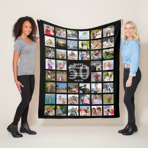 Anniversary 44 Photo Collage Any Year Personalized Fleece Blanket - Make a collage of 44 photos commemorating any anniversary year (the sample shows a 50th anniversary) for a meaningful keepsake gift of memories. The number behind the personalized custom text can also be changed. PHOTO TIP:  Pre-crop/size your photos into a square shape or have the subject in the middle BEFORE uploading for fastest, easiest results. NOTE that pixelation/blurry warnings may occur and you may want to resize your original photo before uploading or Zazzle LIVE, online services or the designer may help you. CHANGES:  You can change the BLACK background color and/or change the font style, size, color and placement of the text by clicking on the CUSTOMIZE FURTHER tab. Contact the designer if you'd like this design modified or on another product.