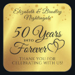 Anniversary 50 YEARS INTO FOREVER Thank You Gold Square Sticker<br><div class="desc">Celebrate a 50th wedding anniversary with these personalized thank you stickers with an elegant calligraphy script typography design of # YEARS INTO FOREVER accented with interlocking linked hearts and faux brushed metallic gold background and confetti. The title is editable to use for any anniversary. Contact the designer via Zazzle Chat...</div>