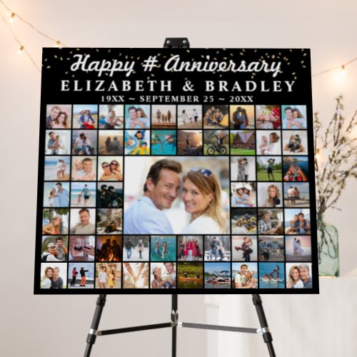 Anniversary 59 Photo Collage Confetti Personalized Foam Board - Create a wedding anniversary commemorative photo memory display foam board for any year anniversary utilizing this easy-to-upload photo collage with 59 pictures of the special couple through the years for party decor and/or as a keepsake. The design features your custom title in an editable calligraphy script typography (the sample shows HAPPY # ANNIVERSARY), personalized with their names and wedding and anniversary dates in white against a changeable black background color you can change to a traditional anniversary year color or coordinating party theme color. ASSISTANCE:  For help with design modification or personalization, color change, resizing or transferring the design to another product, contact the designer BEFORE ORDERING via the Zazzle Chat MESSAGE tab or email makeitaboutyoustore@gmail.com.