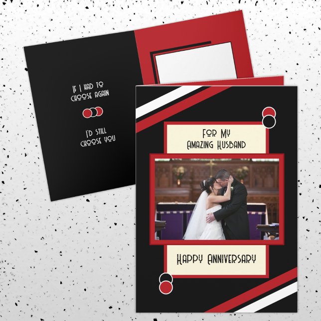 Anniversary amazing husband black red photo card (Creator Uploaded)