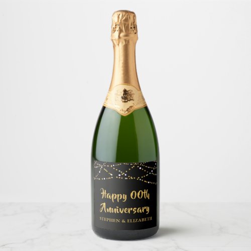 Anniversary Any Year Black Gold String Lights Name Sparkling Wine Label