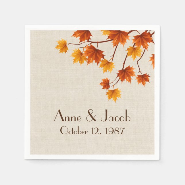 Anniversary Autumn Leaves on Burlap Napkins (Front)