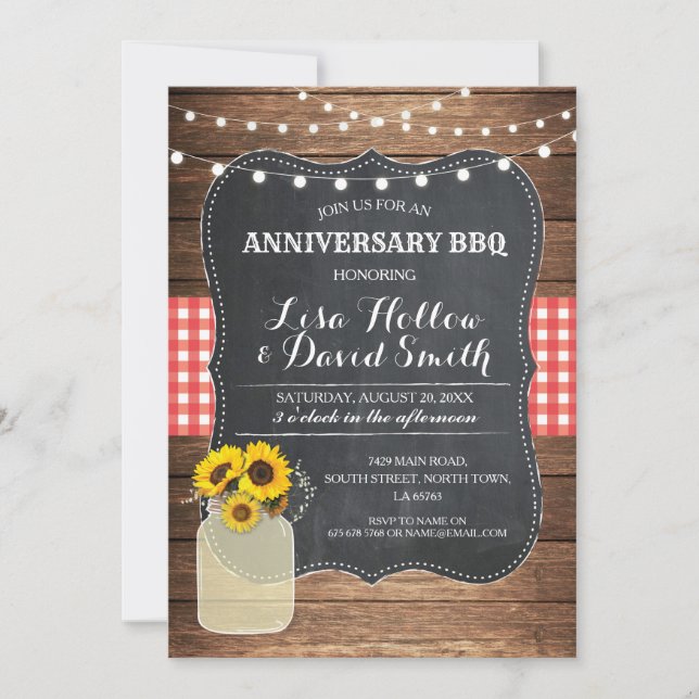 Anniversary BBQ Red Check Chalk Jar Sunflower Invitation (Front)
