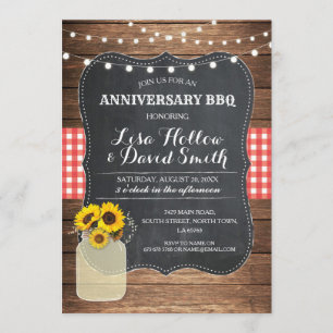 Anniversary BBQ Red Check Chalk Jar Sunflower Invitation