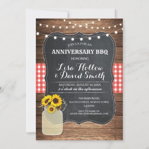 Anniversary BBQ Red Check Chalk Jar Sunflower Invitation