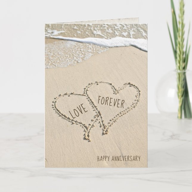 anniversary beach hearts in sand with surf card (Front)
