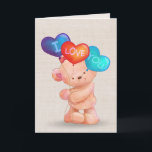 Anniversary Bear with I Love You Balloons Card<br><div class="desc">Cute teddy bear with I Love You heart balloon bouquet on a soft burlap background.</div>