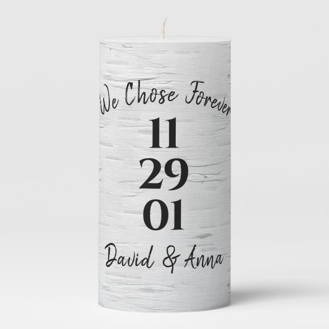 Anniversary Birch Tree Wedding Date  Pillar Candle (Front)