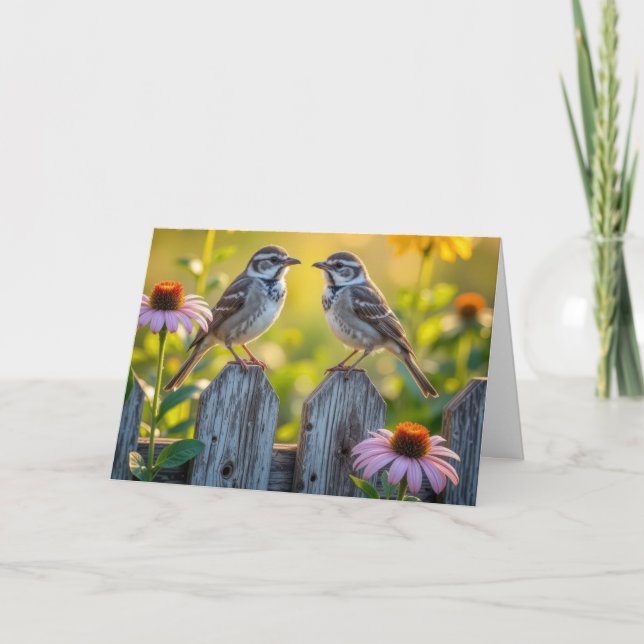 Anniversary Birds and Cone Flowers On a Wood Fence Card (Front)