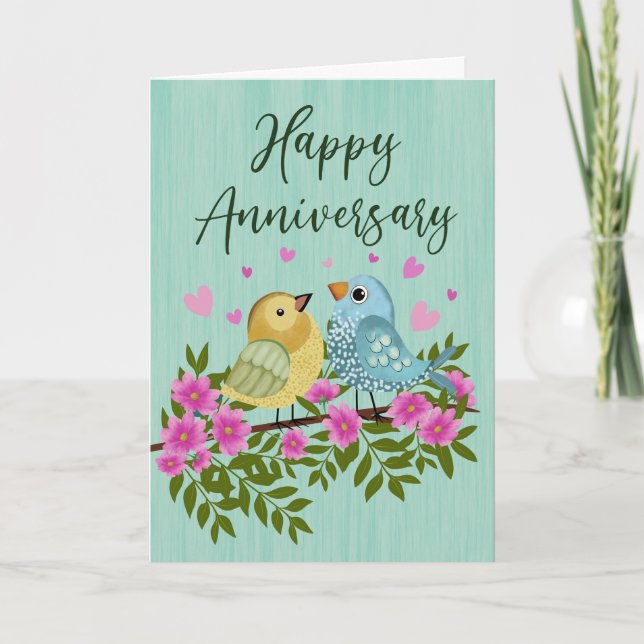 Anniversary Birds with Flowers and Hearts Card (Front)