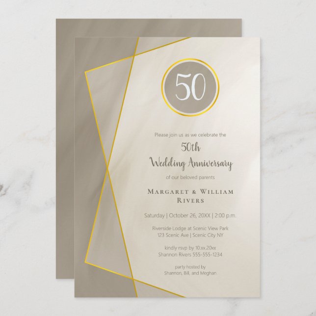 anniversary birthday 50th antique gray gold frame invitation (Front/Back)