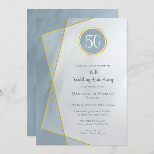 anniversary birthday 50th dusty blue w gold frame invitation