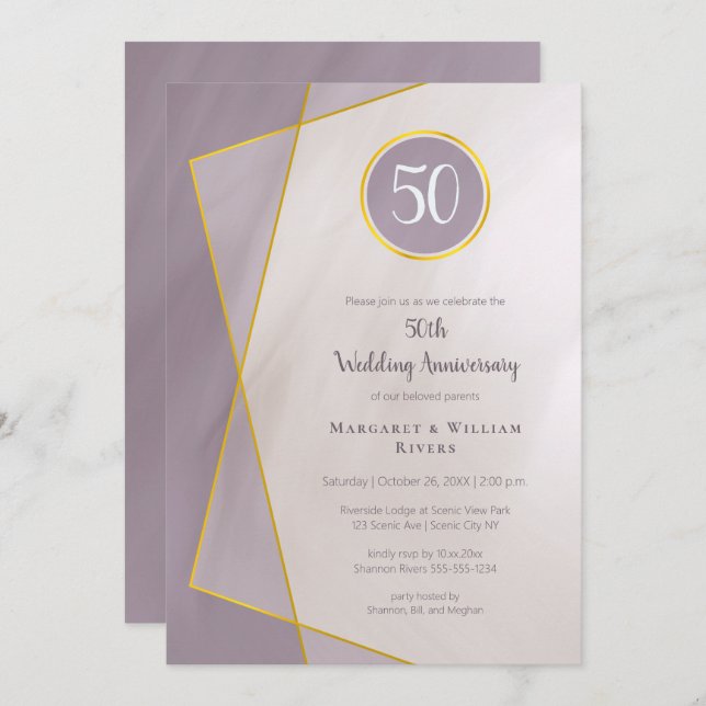 anniversary birthday 50th muted plum gold frame invitation (Front/Back)
