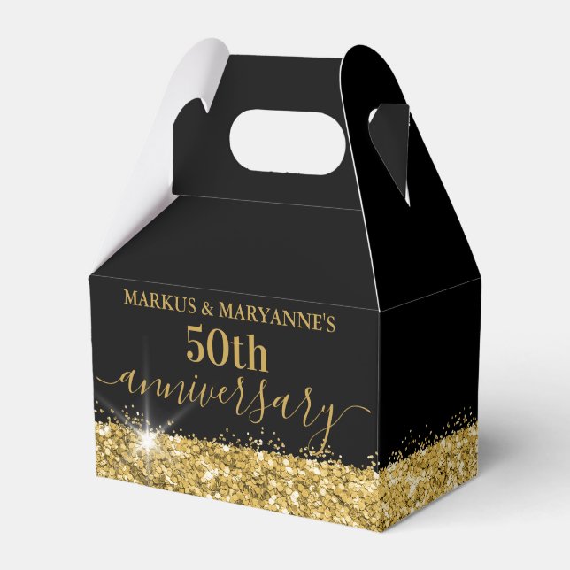 Anniversary Black Gold Glitter Confetti Favor Boxes (Front Side)