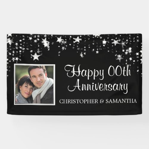 Anniversary Black Silver Stars Script Photo Banner