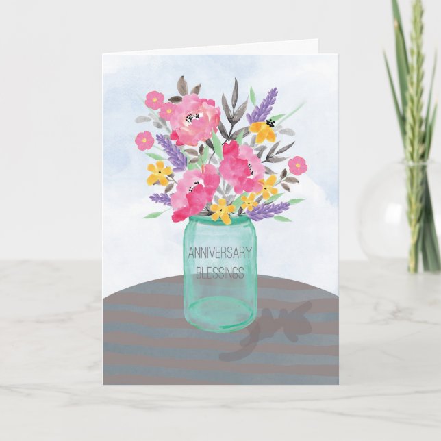 Anniversary Blessings Jar Vase with Flowers Card (Front)