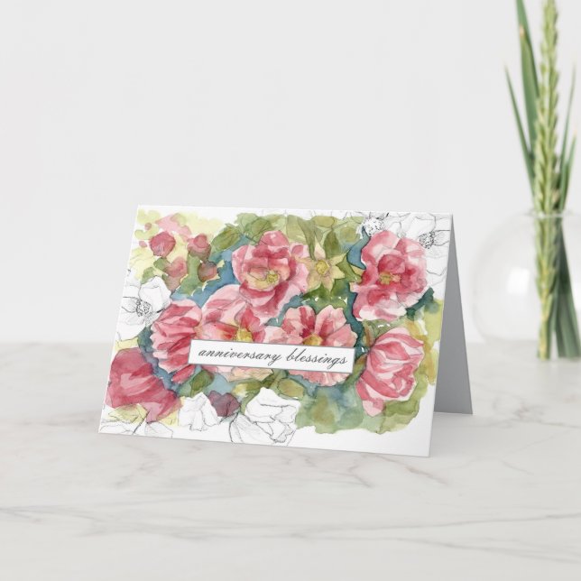 Anniversary Blessings Pink Roses Watercolor Flower Card (Front)