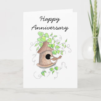 Anniversary Card, Chickadee on Birdhouse Card