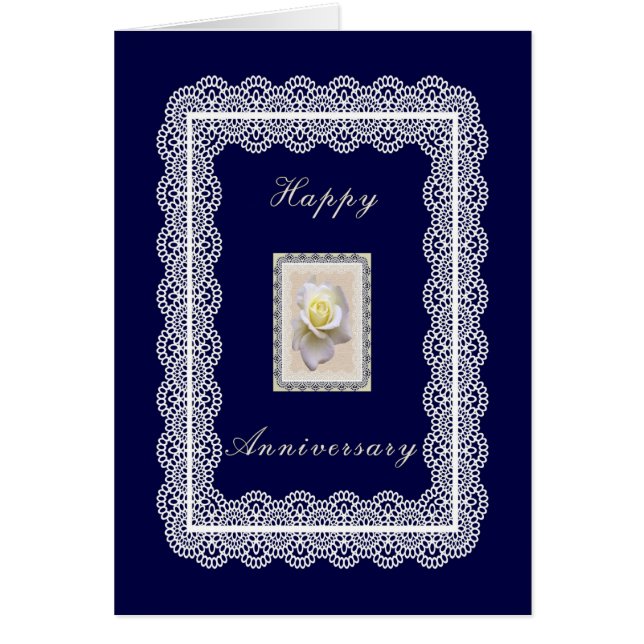 Anniversary Card, Dark Blue with White Rose & Lace (Front)