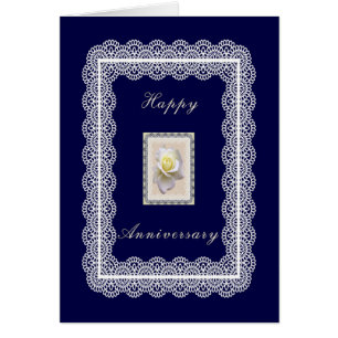 Anniversary Card, Dark Blue with White Rose & Lace Cards