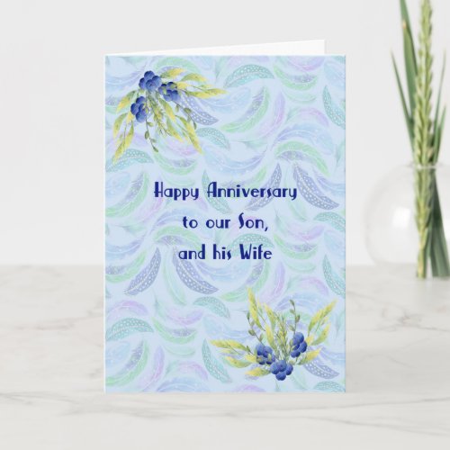 Anniversary Card for Son and Wife Blue Flowers