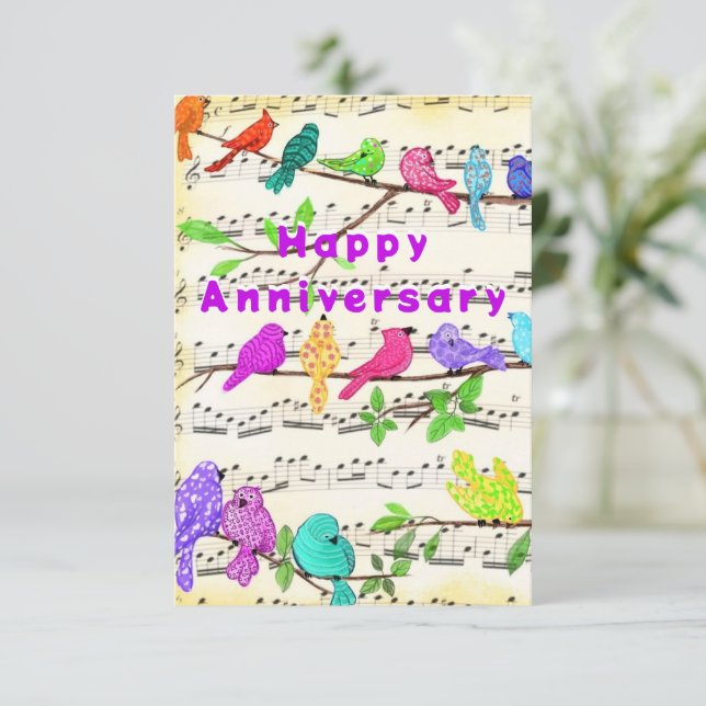 Anniversary Card with Colorful Musical Birds (Standing Front)
