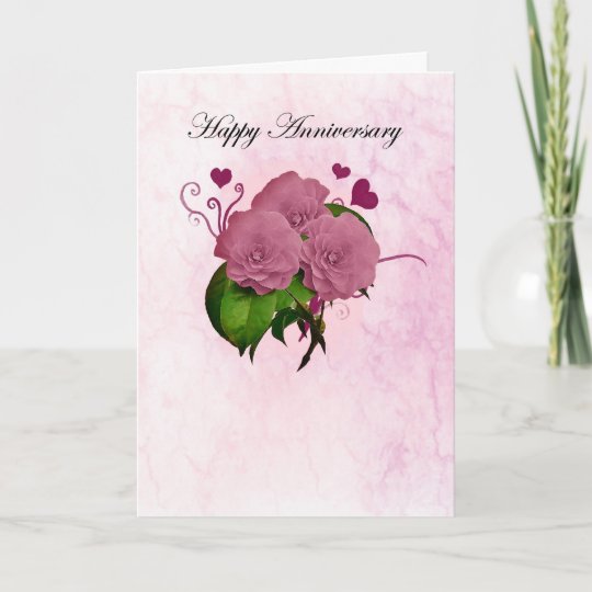 Anniversary card with pink roses and hearts | Zazzle.com