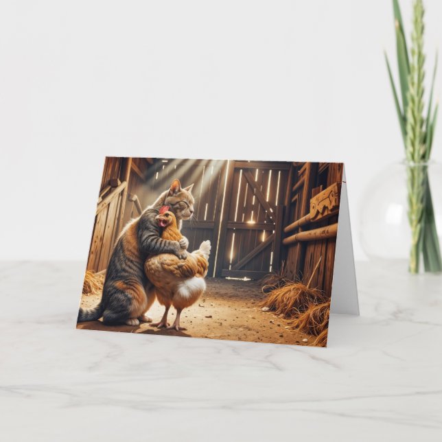 Anniversary Cat Hugging a Farm Chicken Card (Front)