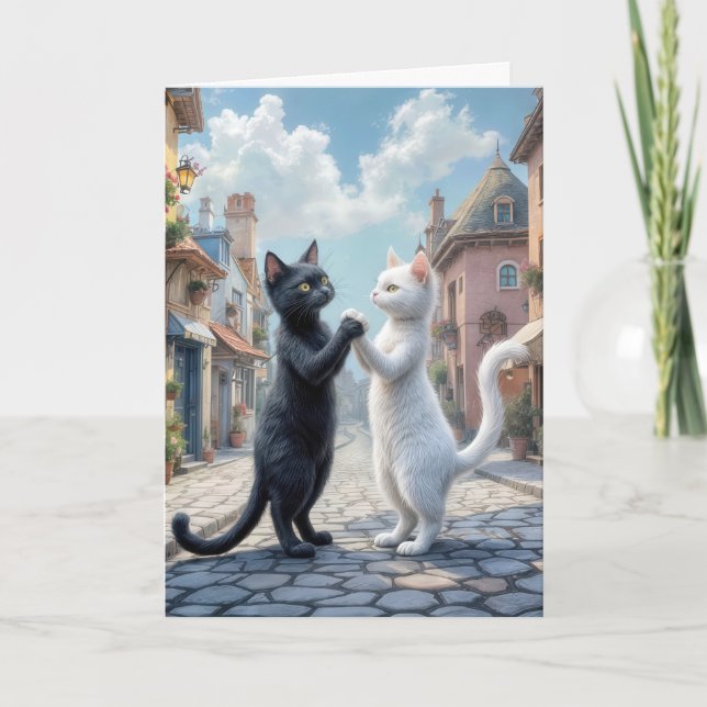 Anniversary Cats Dancing On Cobblestone Street Card (Front)