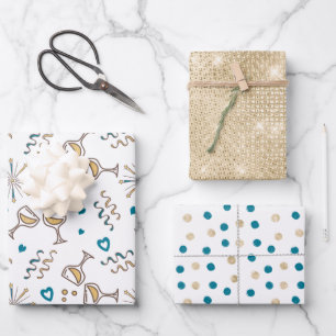 Anniversary Celebration Patterns Blue/Gold ID723 Wrapping Paper Sheets
