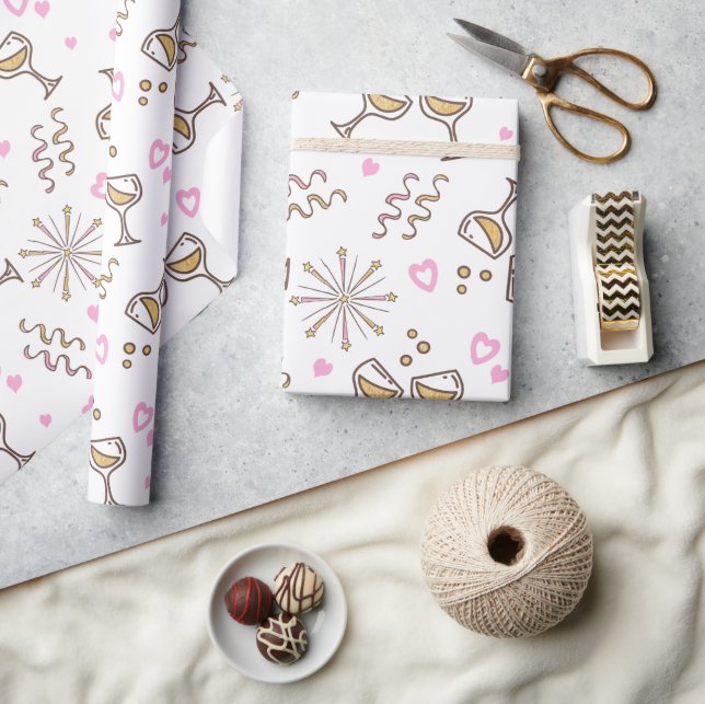 Anniversary Celebration Patterns Pink/Gold ID723 Wrapping Paper (Crafts)