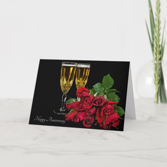 Anniversary Champagne and roses Holiday Card (Front)